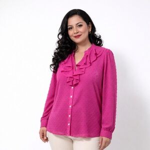 J.Crew Pink Swiss Dot Ruffle Blouse Sz L Feminine Button Front barbiecore Top